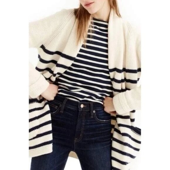 J Crew Cotton/Wool Blend Long Open Cardigan Sweater In Navy Stripe Sz S - Picture 1 of 13